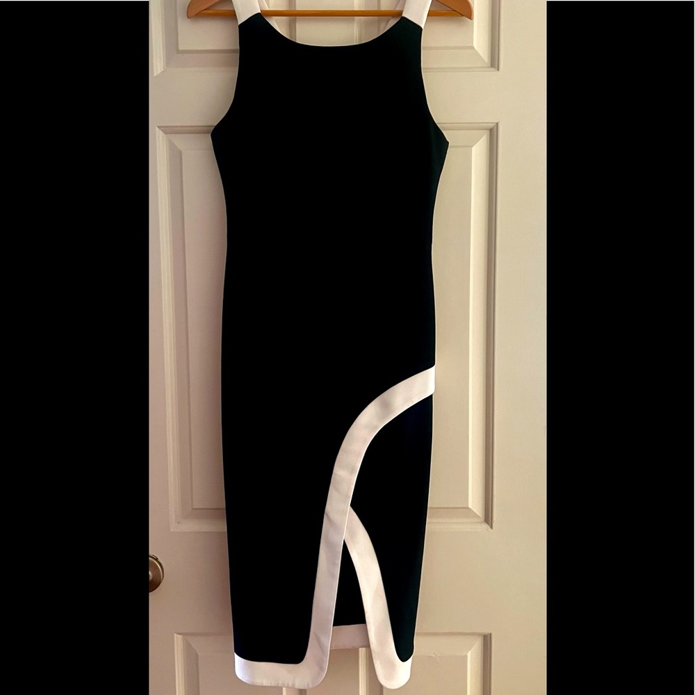 Black halo dress sheath dress  black and white  straps  high neckline midi dress